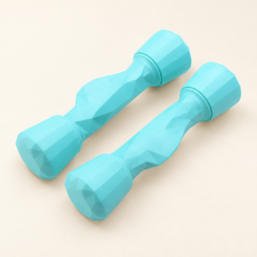 Pair of turquoise faceted dumbbells on ivory surface