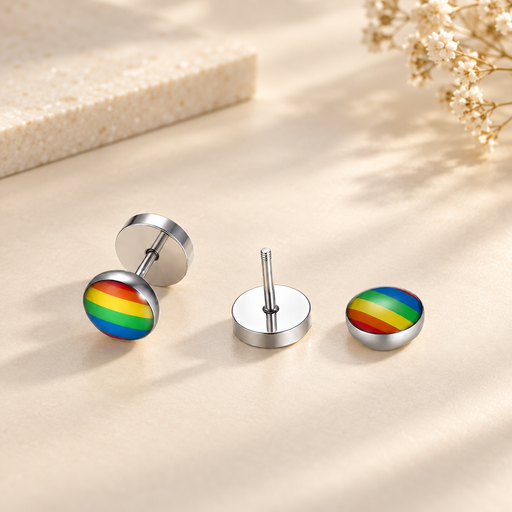 Rainbow silver stud jewellery with threaded post detail on ivory
