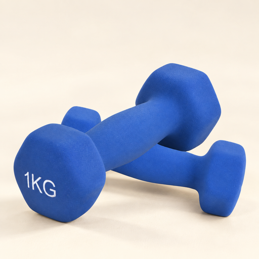 Two blue 1KG dumbbells on ivory surface