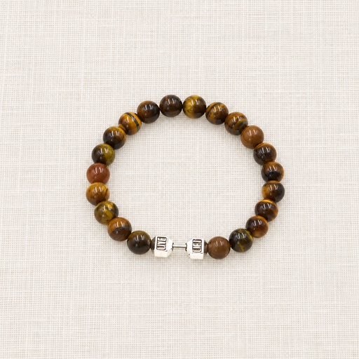 Brown and gold beaded bracelet with a silver dumbbell spacer