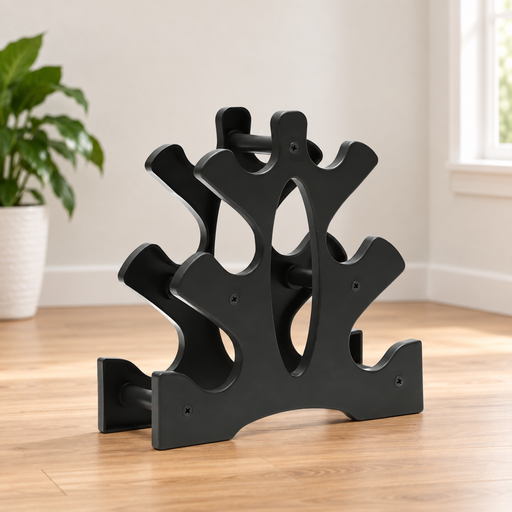 Empty black three-tier dumbbell storage rack on a light wooden floor in a home fitness space.
