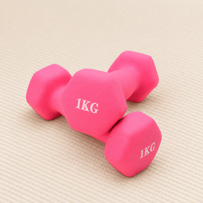 Pair of pink 1KG dumbbells resting on an ivory exercise mat