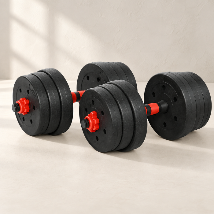 Black adjustable dumbbells with red collars