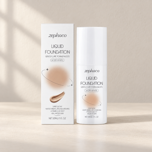 White liquid foundation bottle and box in ivory white shade