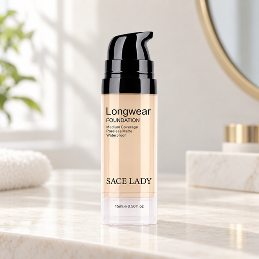 SACE LADY liquid foundation bottle on an ivory vanity