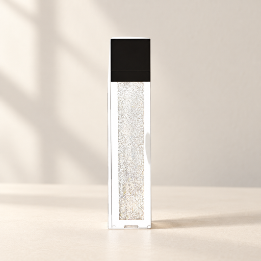 Clear pearlescent lip gloss in a rectangular bottle with black cap