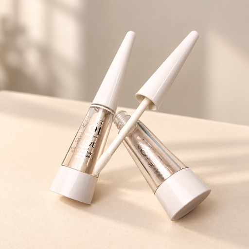 Two transparent lip gloss tubes with white caps and a white applicator.