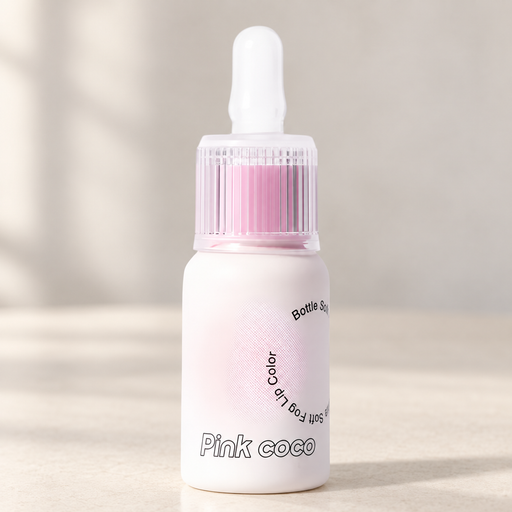White Pink coco bottle with pink transparent collar on an ivory surface.