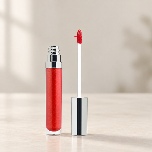 Red pearlescent lip gloss with silver cap and applicator on an ivory vanity.