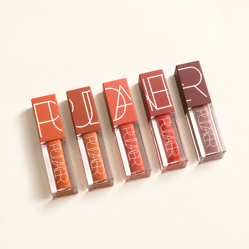 Five lip gloss bottles on an ivory surface
