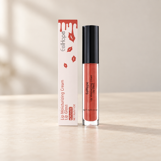 Orange-red lip gloss with black cap and matching cream-red box.
