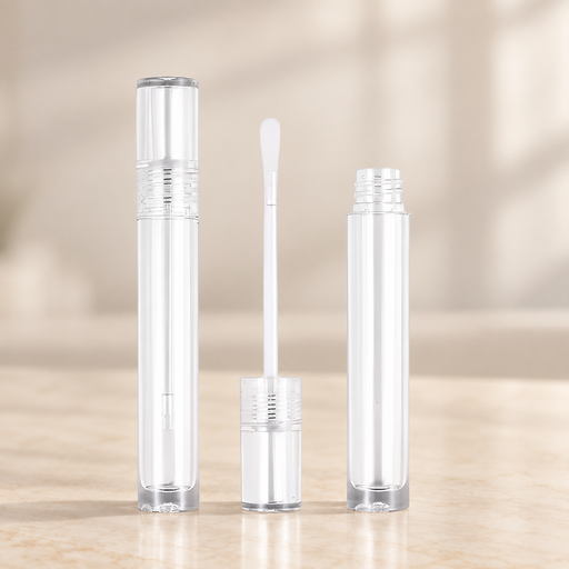 Transparent empty cosmetic tubes and white applicator on ivory vanity.