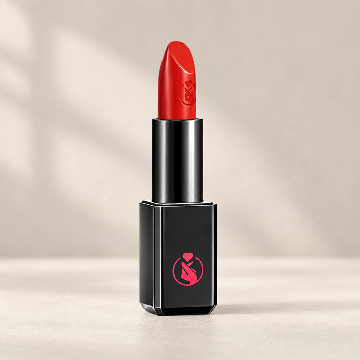 Red lipstick in a black case with a pink heart-and-hand emblem on an ivory vanity.