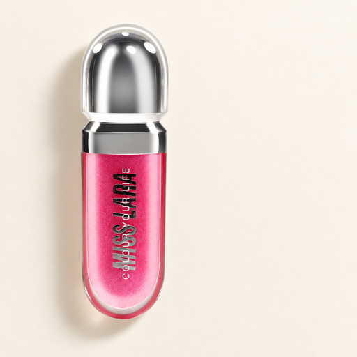 Pink flat lip gloss tube with silver rounded cap on ivory