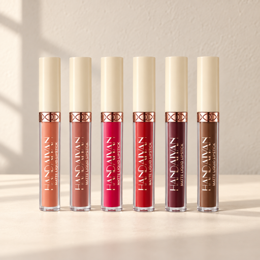 Six matte lip gloss tubes with ivory caps in nude pink red and brown shades