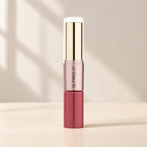 Dual lipstick and lip gloss tube with clear cap gold interior and rose gold centre