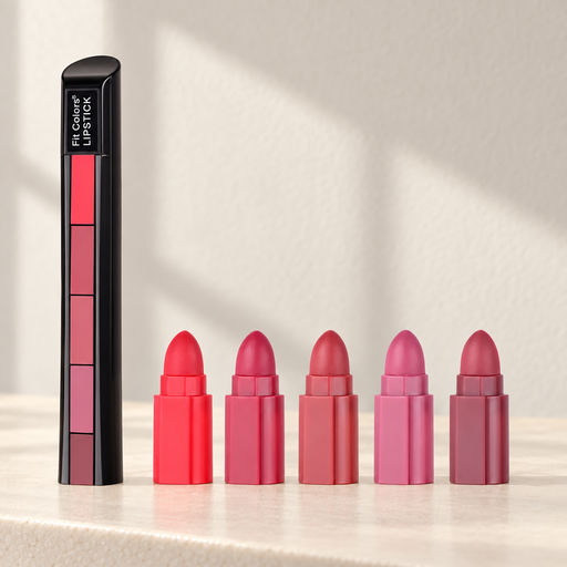Five colour lipstick inserts beside a black compact case