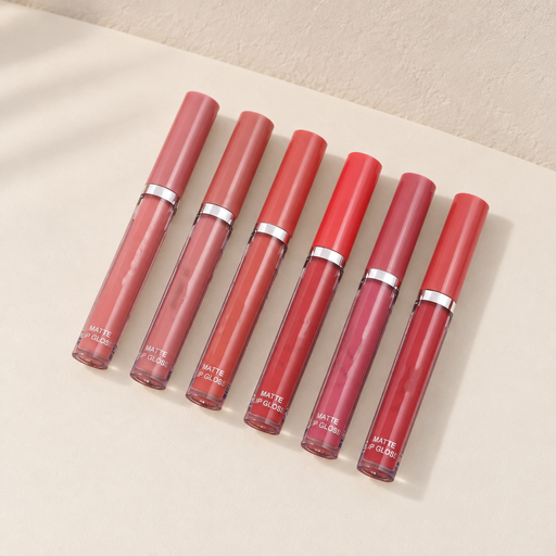 Six matte lip gloss tubes with matching caps and silver bands