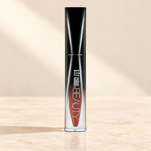 Black-capped brown-orange lip colour tube on ivory surface.