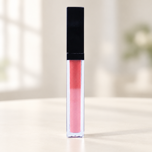 Pink lip glaze in a clear tube with black cap.