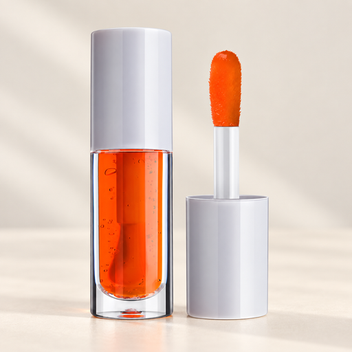 Orange liquid lip product with grey caps and applicator on ivory surface.