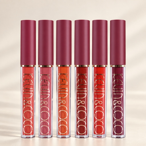 Six lip gloss tubes with burgundy caps on an ivory surface