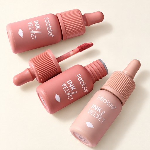 Three pink lip lacquer bottles with applicator on ivory