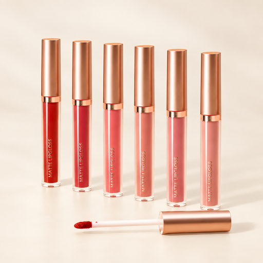 Six matte lip gloss tubes with rose gold caps and an applicator