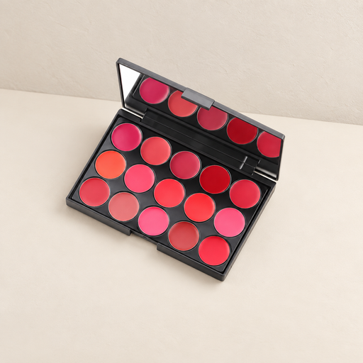 Open black lip makeup palette with fifteen shades on an ivory surface