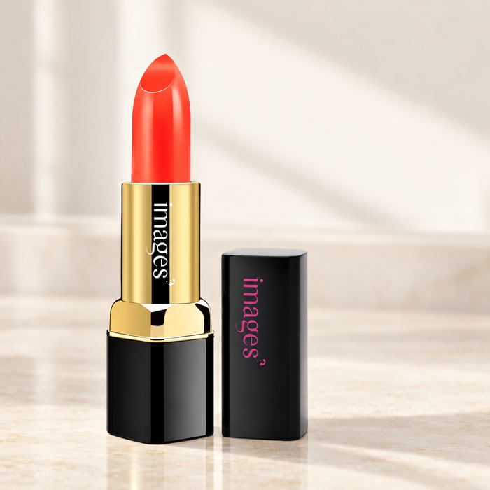 Orange-red lipstick in gold and black case with separate black cap.