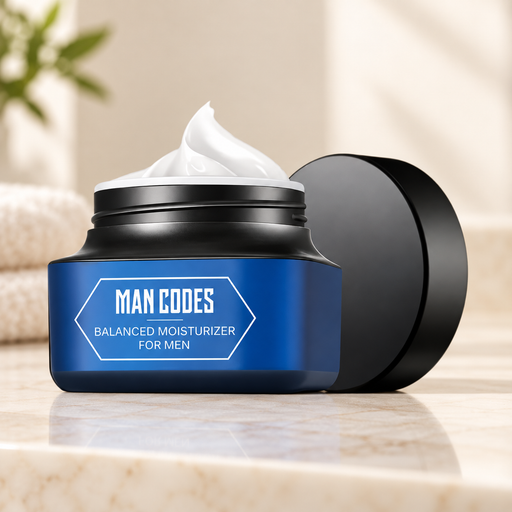 Blue-black facial moisturiser jar and lid on ivory vanity.