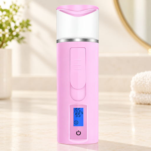 Pink and white facial mister with blue display on ivory vanity.