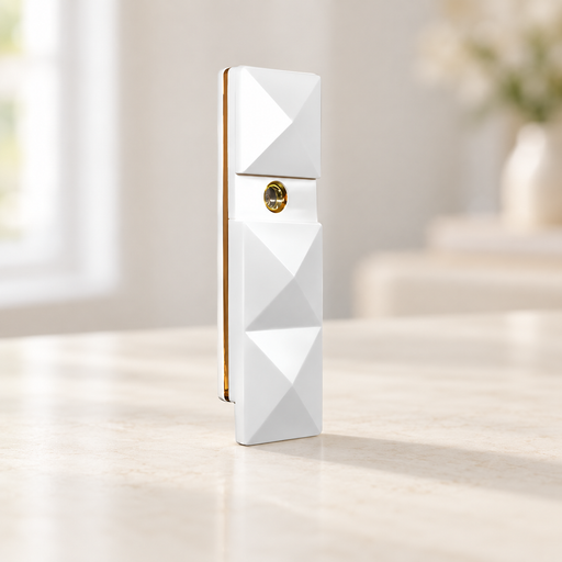 White faceted facial mister with gold trim.
