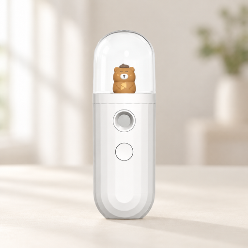 White facial mister with a small bear inside a clear dome.