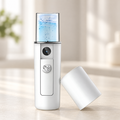 White facial mister with clear water tank and separate cap.
