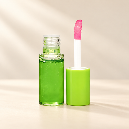 Green lip gloss tube with lime cap and pink applicator on ivory