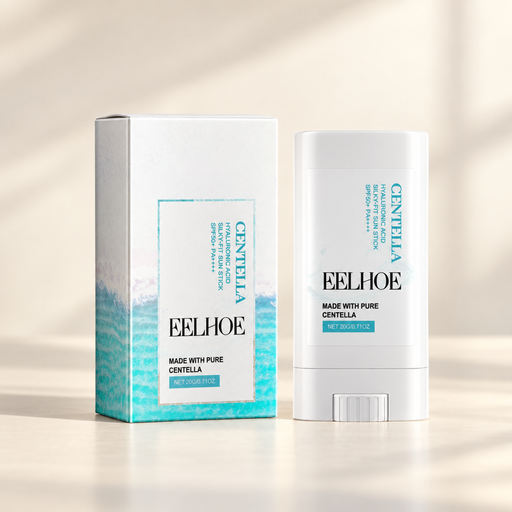 White skin care stick with turquoise and white box on ivory