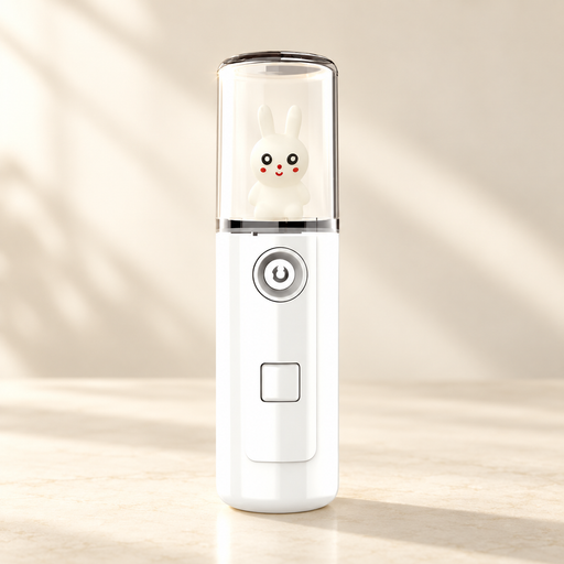 White facial mister with a small rabbit figure in its clear chamber