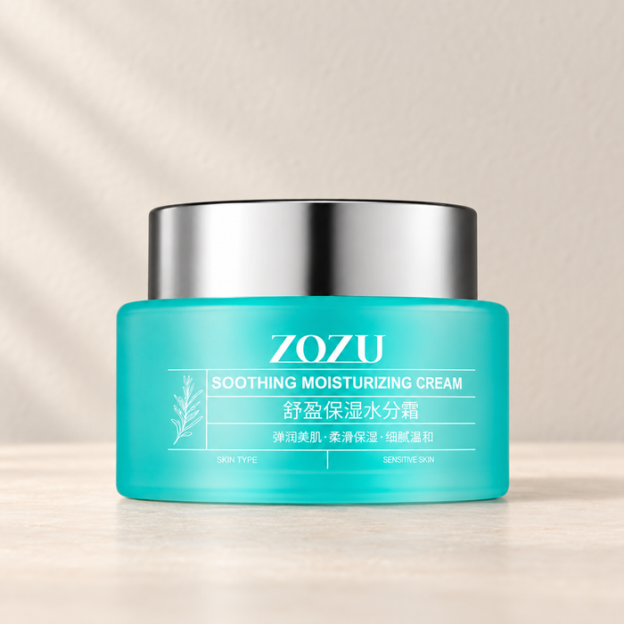 Turquoise moisturizing cream jar with silver lid on ivory