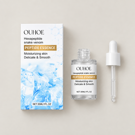 OUHOE peptide essence bottle, blue and white box, and white dropper on an ivory surface