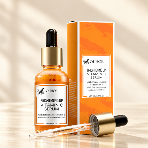 Orange vitamin C serum bottle with box and dropper