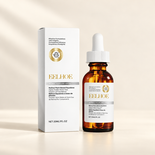 Amber serum bottle with white dropper and white box on ivory