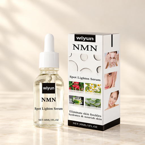 Clear serum bottle with white and black illustrated box on ivory