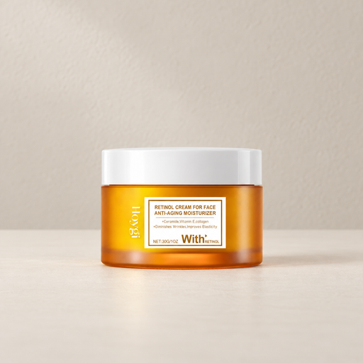 Amber Hoygi cream jar with white lid on an ivory surface