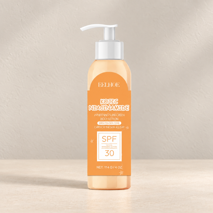 Peach lotion bottle with white pump and orange label on ivory