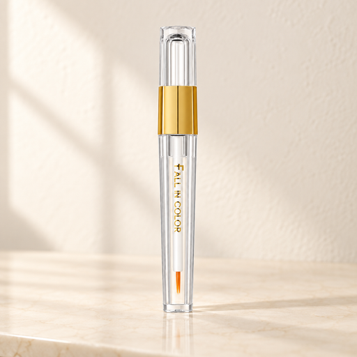 Transparent eyelash applicator with gold collar on ivory vanity