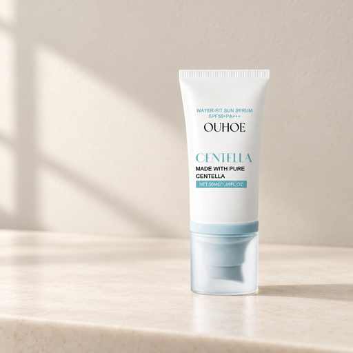 White OUHOE tube with pale blue base on ivory vanity