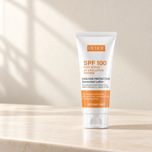 White OUHOE tube with orange label on ivory vanity