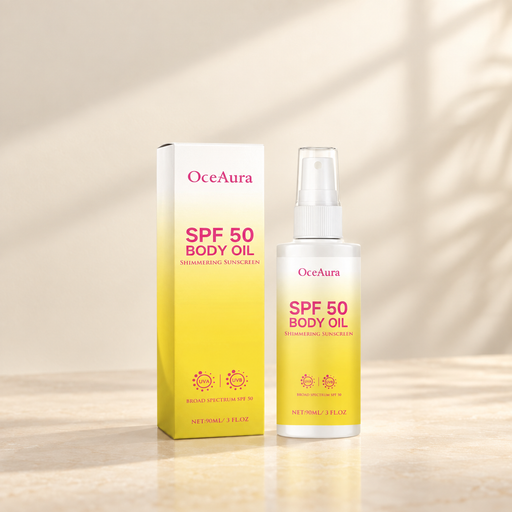 OceAura body oil bottle with matching yellow and white box