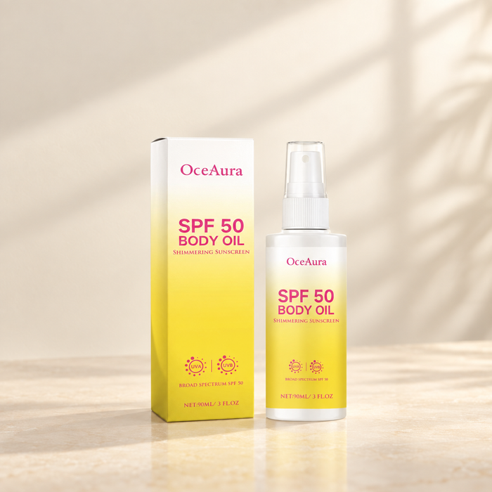 OceAura body oil bottle with matching yellow and white box